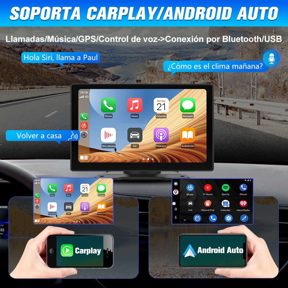 Pantalla Carplay para Coche con CarPlay/Android Auto Inalámbrico, Pantalla Táctil de 9 Pulgadas Portátil, Admite Bluetooth/Mirror Link/Control por Voz/USB/TF/AUX, Negra