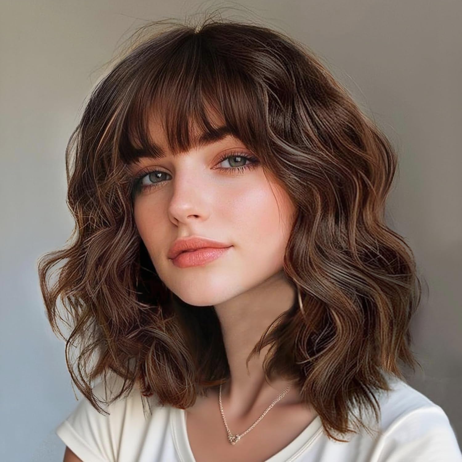Photo 1 of DARLIN HAIR Short Wavy Bob Wig with Bangs for Women, Shoulder Length Synthetic Wig, Brown with Caramel Highlights, Heat Resistant Fiber, Glueless Natural Looking Wig for Daily Wear