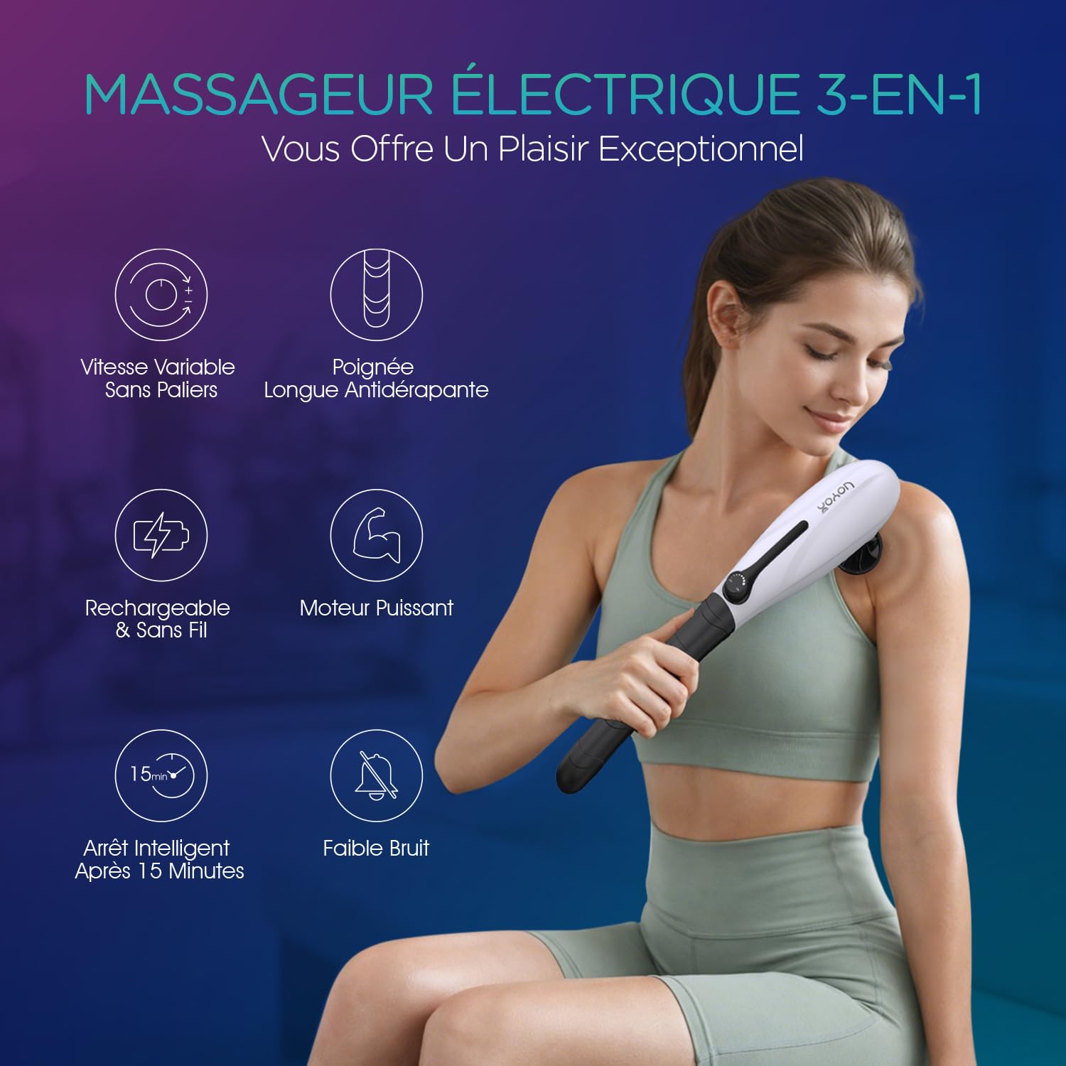 VOYOR-HEALTH Appareil de Massage Dos Électrique à Percussion Sans Fil MH560 | Massage à Percussion Portable avec 3 Têtes de Massage, Idéal pour Dos, les Cervicales, les Épaules, les Jambes et les Pieds