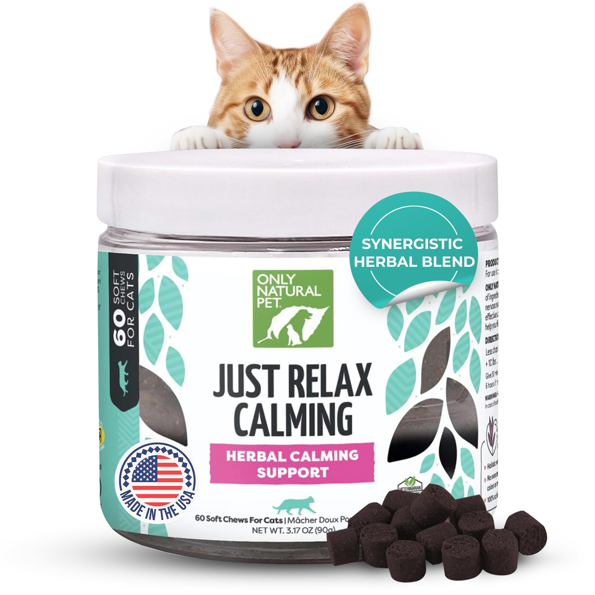 Only Natural Pet Just Relax Herbal Calming Support Soft Chews for Cats - Behavioral Support & Promotes Relaxation & Comfort - Ideal for Travel, Vet Visits & Stress Situation - 60 Soft Chews