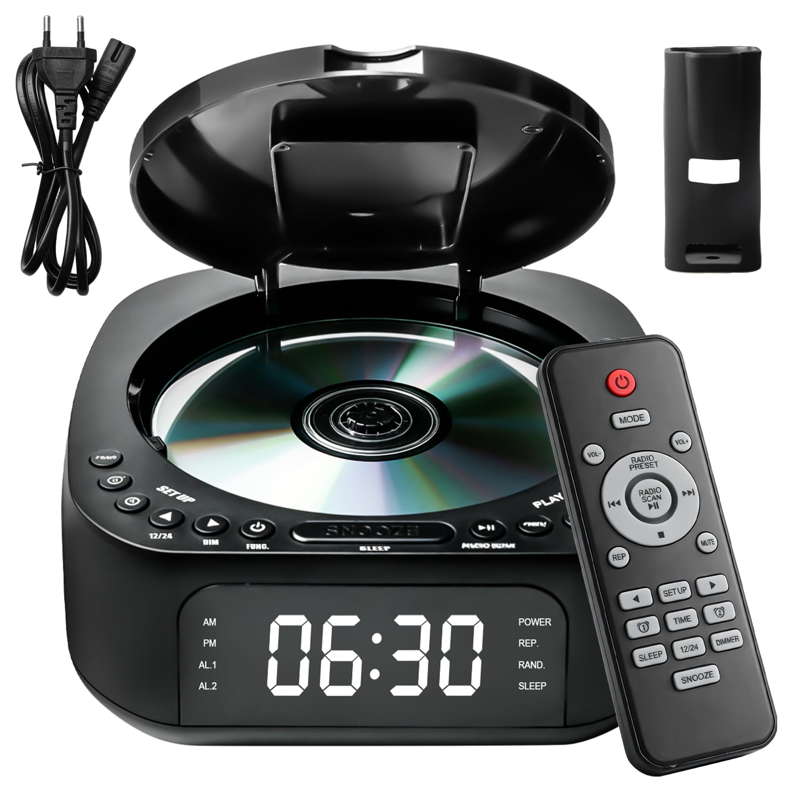 Lecteur CD portable avec Bluetooth, radio FM, lecteur CD MP3 avec double haut-parleur stéréo, réveil, SleepTimer, lecteur CD rechargeable, prend en charge USB/AUX, grand écran, télécommande, noir