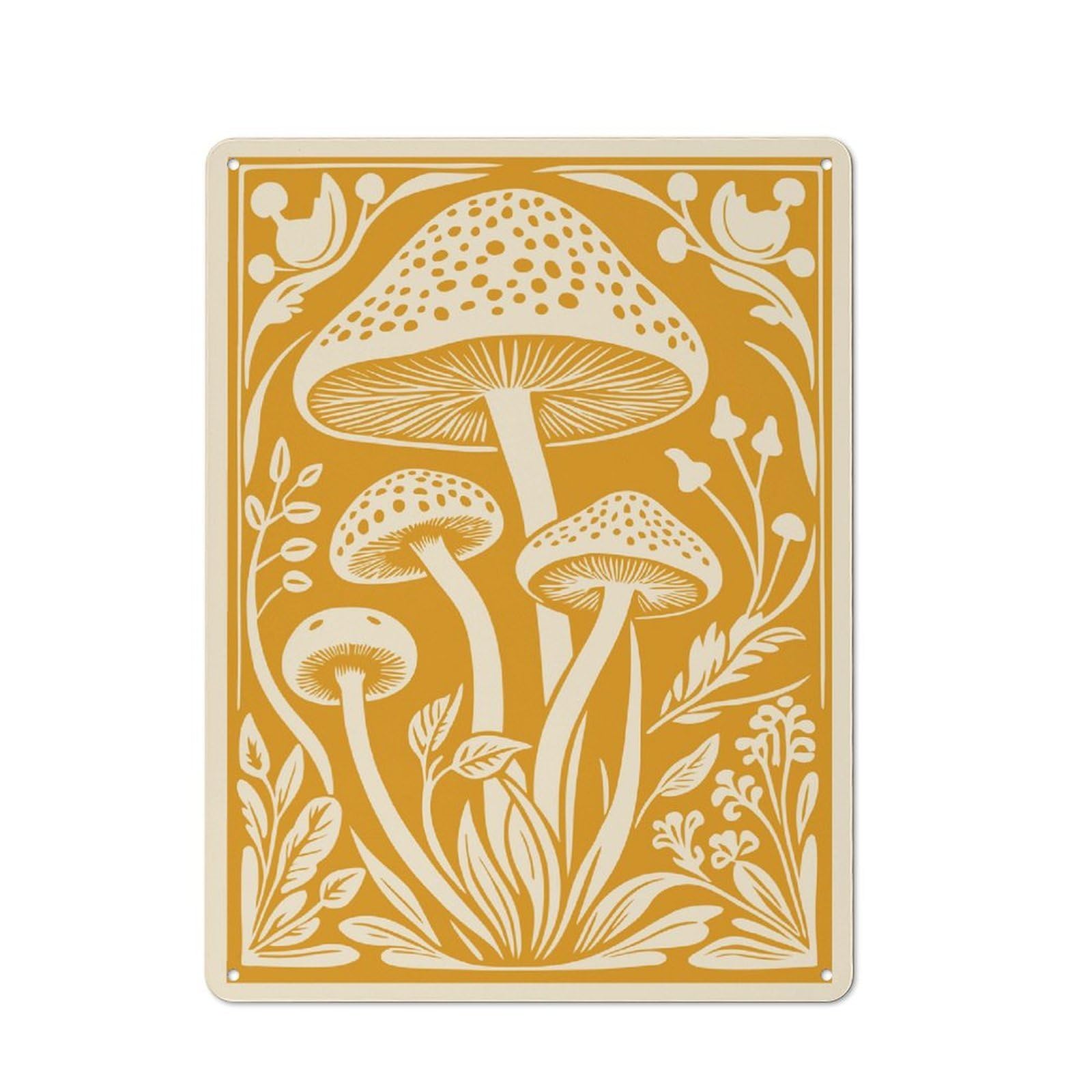 Junmoney Style-21 Tin Wall Plaque 40X30cm With Mushroom And Floral Illustration For Garage Wall, For People Furnishing A Garage, For Retro Home Interiors
