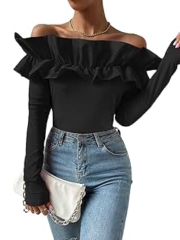 OYOANGLE Women's Long Sleeve Rib Knit Ruffle Off Shoulder