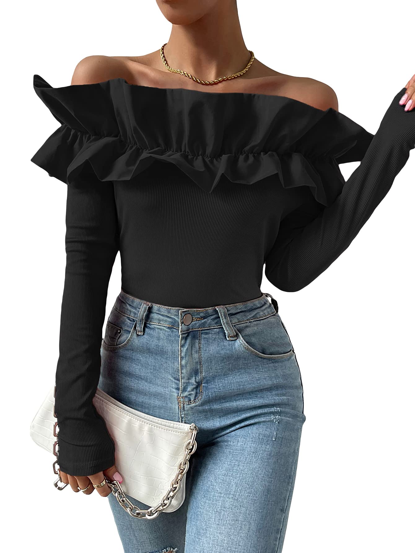 OYOANGLE Women's Long Sleeve Rib Knit Ruffle Off Shoulder Blouse Party Tops Shirt
