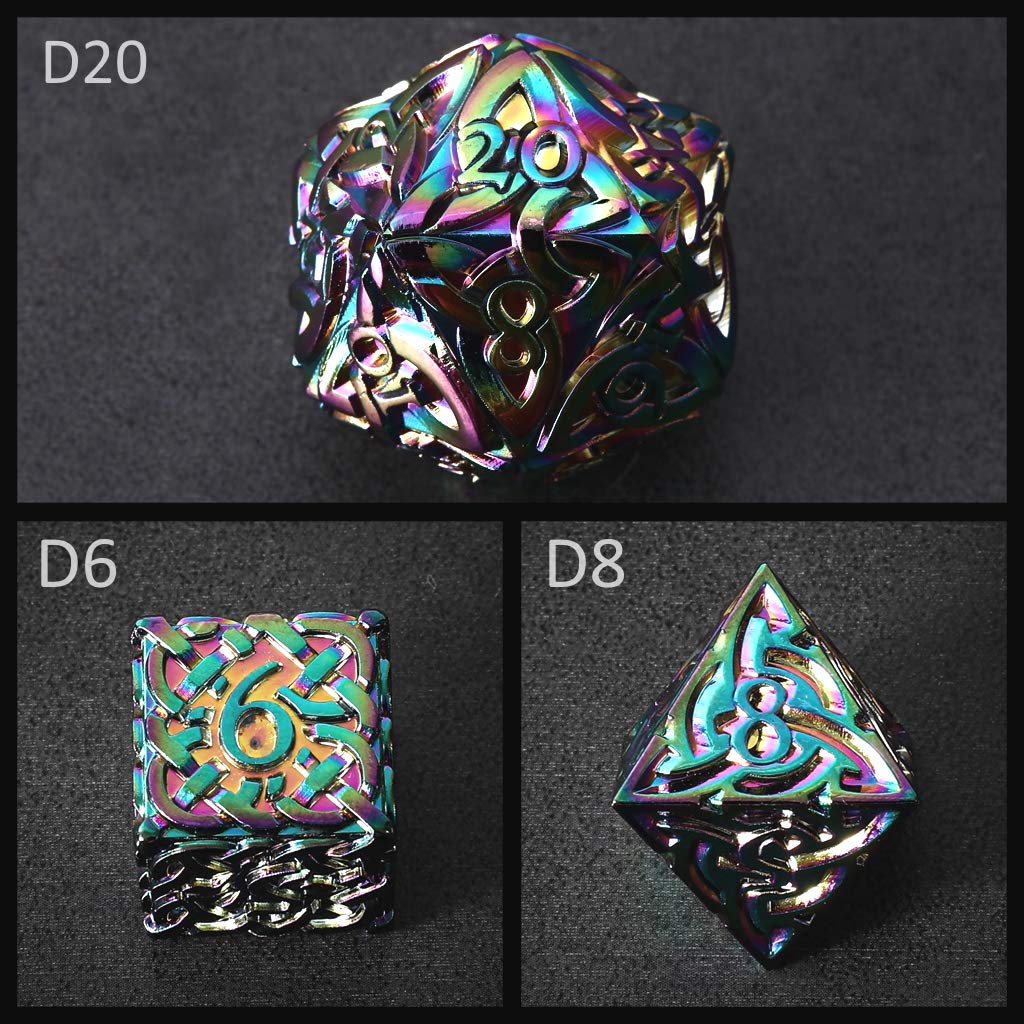 Lot de 7 dés en métal polyédrique arc-en-ciel avec nœuds celtiques extra lourds extra larges pour DND DnD5e TTRPG Dés de table RPG Dés Bard Sorcier Magicien