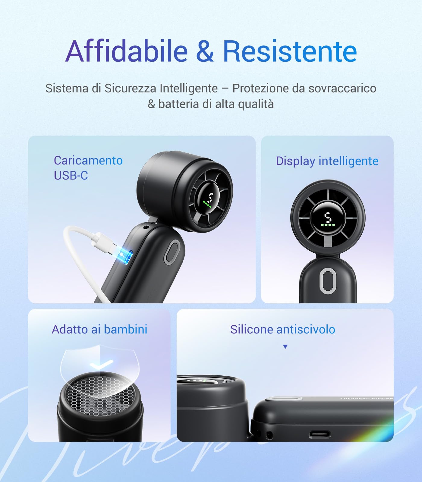 Diveblues Ventilatore Portatile a Mano 3 in 1, Mini Turbo Ventilatore USB Ricaricabile con Batteria da 4000mAh, 5 Velocità e fino a 12H di Raffreddamento, Viaggio, Ufficio, Esterni