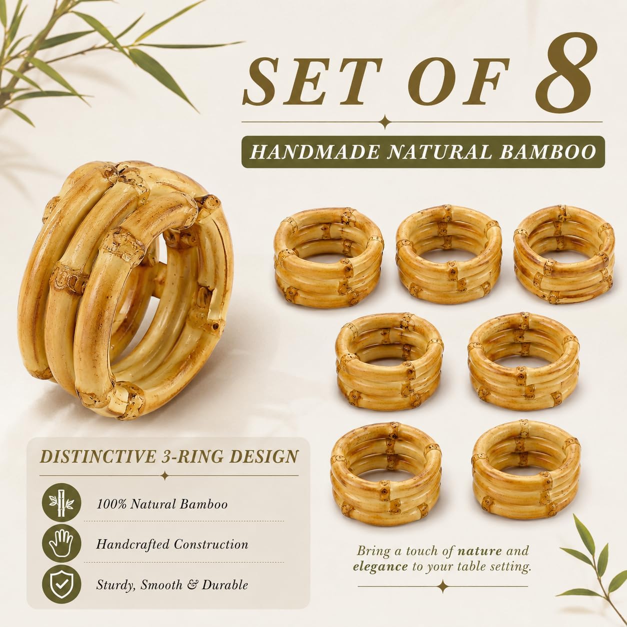 8 Pack Natural Bamboo Napkin Rings, Napkin Holders for Wedding Table Decor