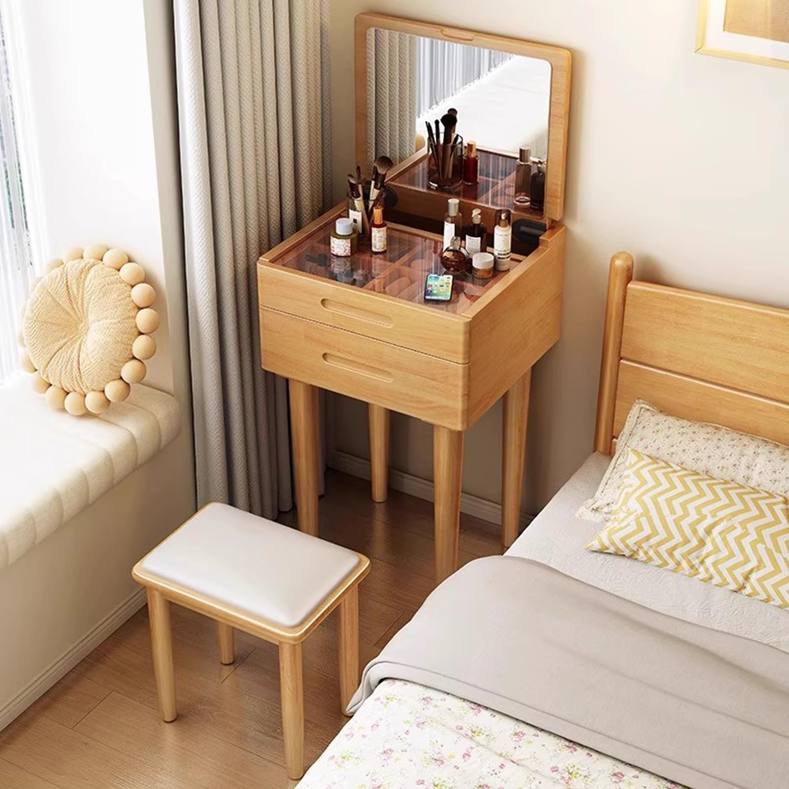 asdchZen Natural Rubber Wood Vanity Desk With Flip Top Mirror Small Makeup Table With Storage Drawers Perfect For Bedroom & Living Room 60Cm/24In
