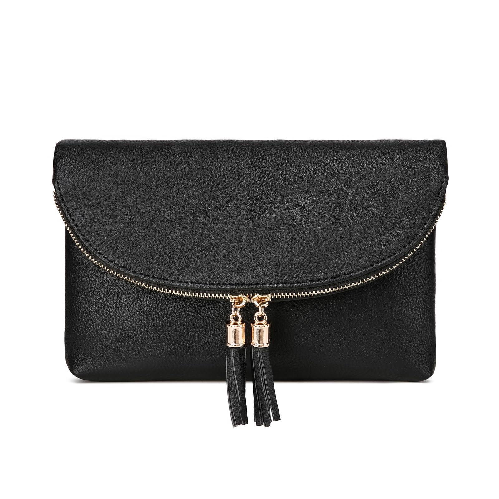 Solene Womens Envelop Clutch Purse Multi Compartments, 6 Card Slot Inside, Crossbody Bag With Tassels, Black, S