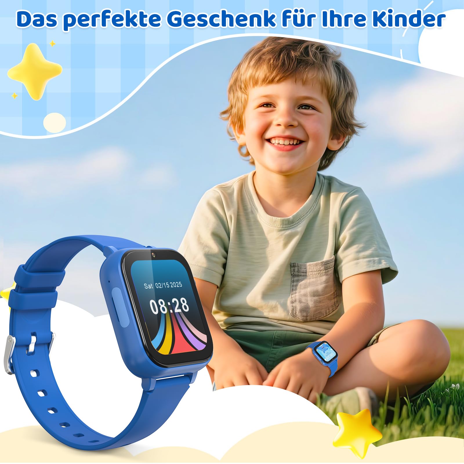4G Reloj inteligente para niños con función de llamada de voz, reloj de teléfono, reloj para niños con cámara de fotos juegos despertador pantalla táctil función llamada impermeable IPX7, azul