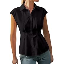 MISSACTIVER Women's Cap Sleeve Button Down Shirt Cinched Waist Lapel Collar Work Casual Dressy Blouse Tunic Corset Shirts