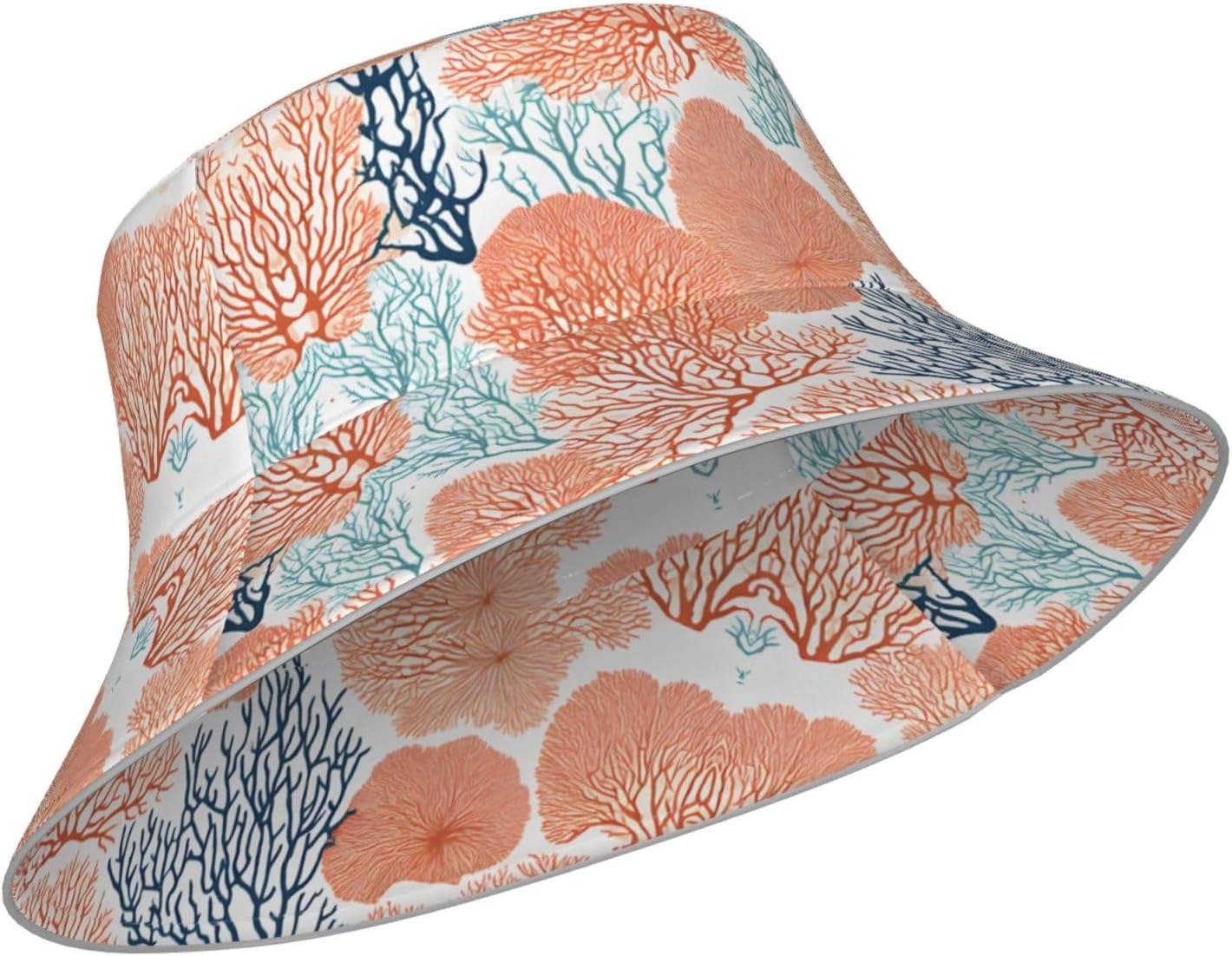 (Coral Reef) Reflective Reversible Bucket Hat Foldable Breathable Stylish Two-Way Wear for Outdoor Travel Daily Activities Black