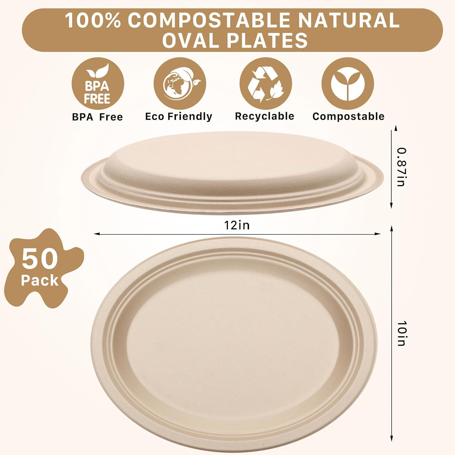 50 Pack Oval Paper Plates, 12 Inch Disposable Paper Plates Heavy Duty,Compostable Oval Plate, Natural Bagasse Sugarcane Plate for BBQ Party Picnic Gathering, Natural Brown