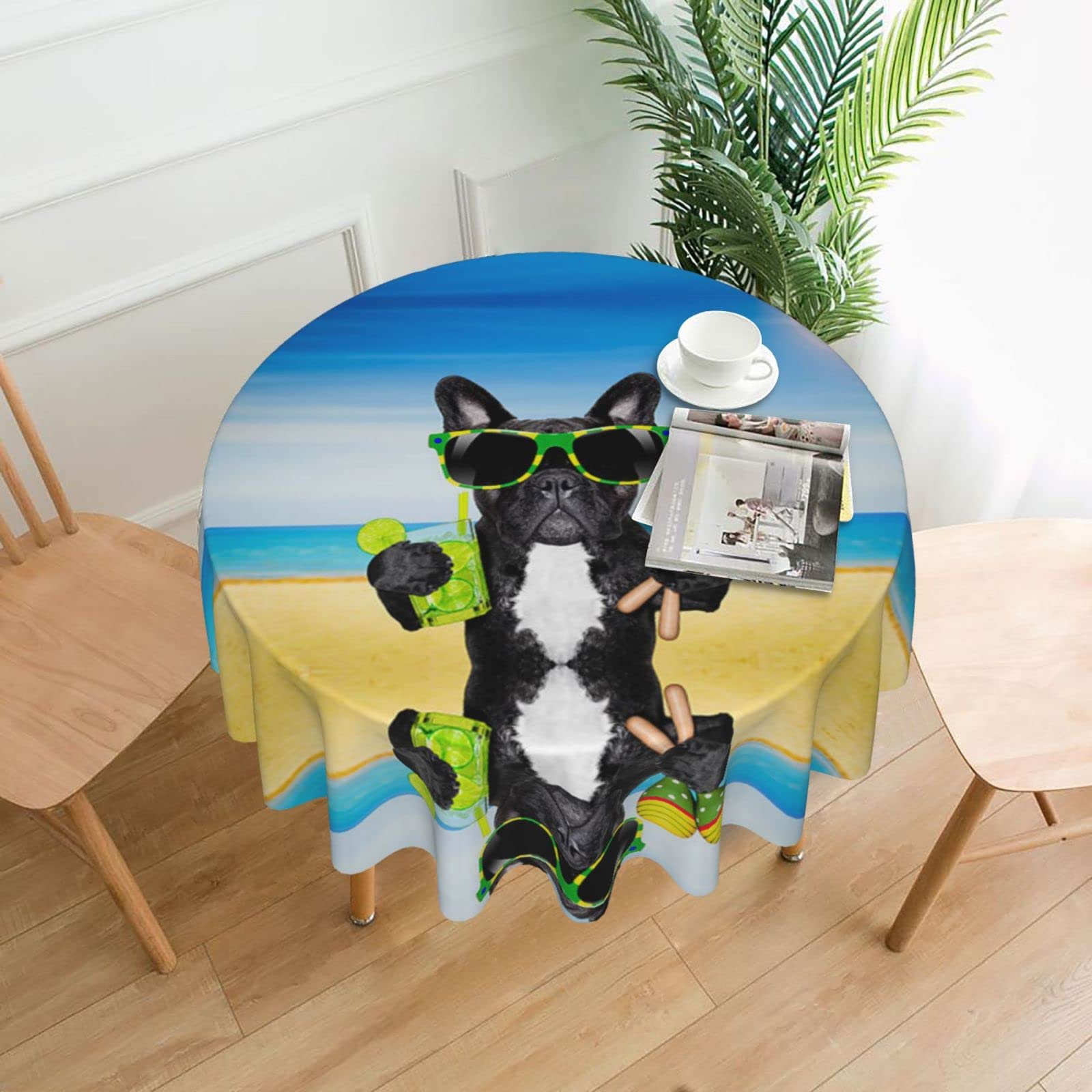 Lawenp French Dog Summer Decorative Round Table Cloths - 60 Inches in Diameter for Buffet Tables, Parties, Holiday Dinners.