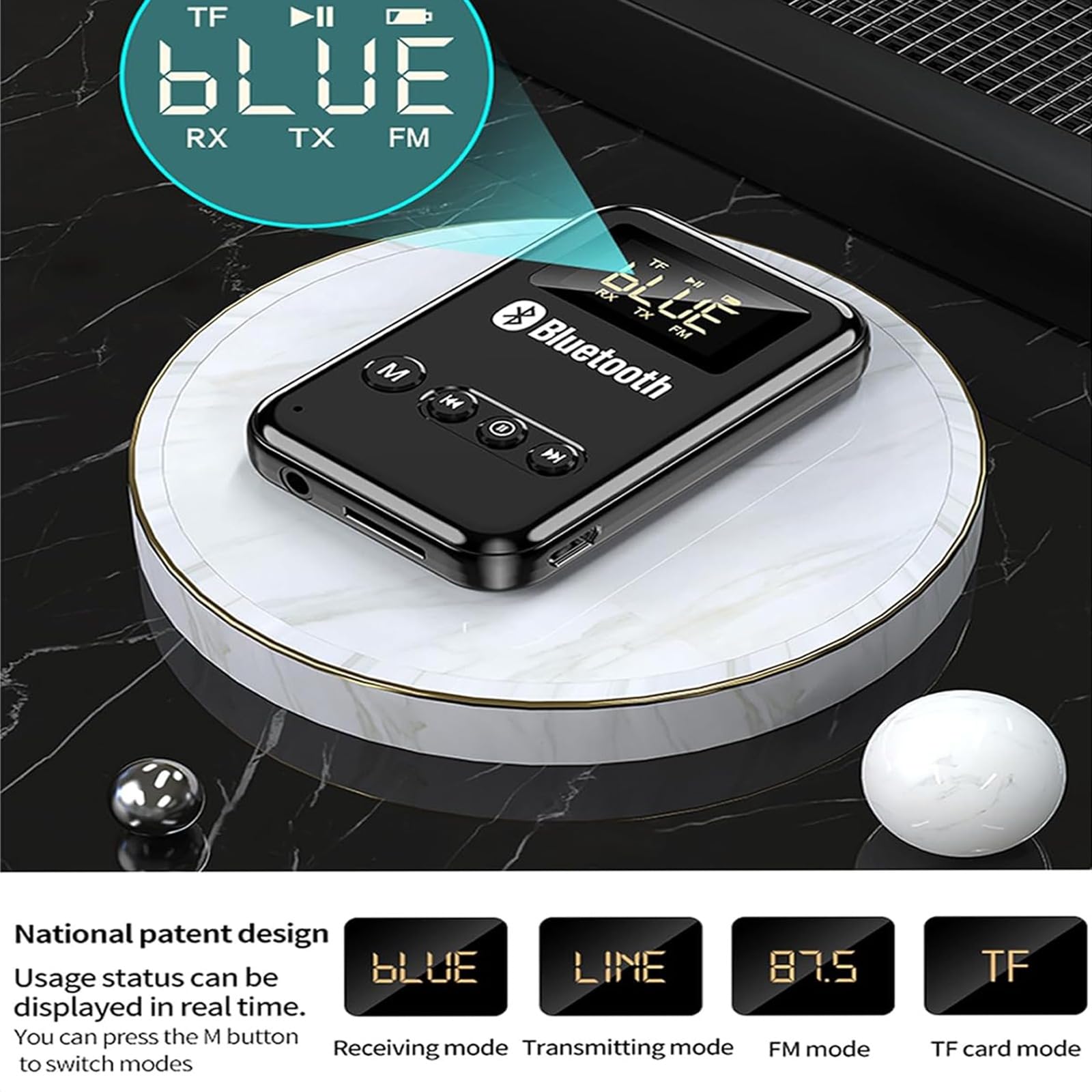 Ricevitore trasmettitore Bluetooth 5.0, adattatore ricetrasmettitore wireless portatile ricaricabile con jack da 3,5 mm, supporto riproduzione scheda TF/trasmissione FM (87,5~108HMZ FM), per altoparla