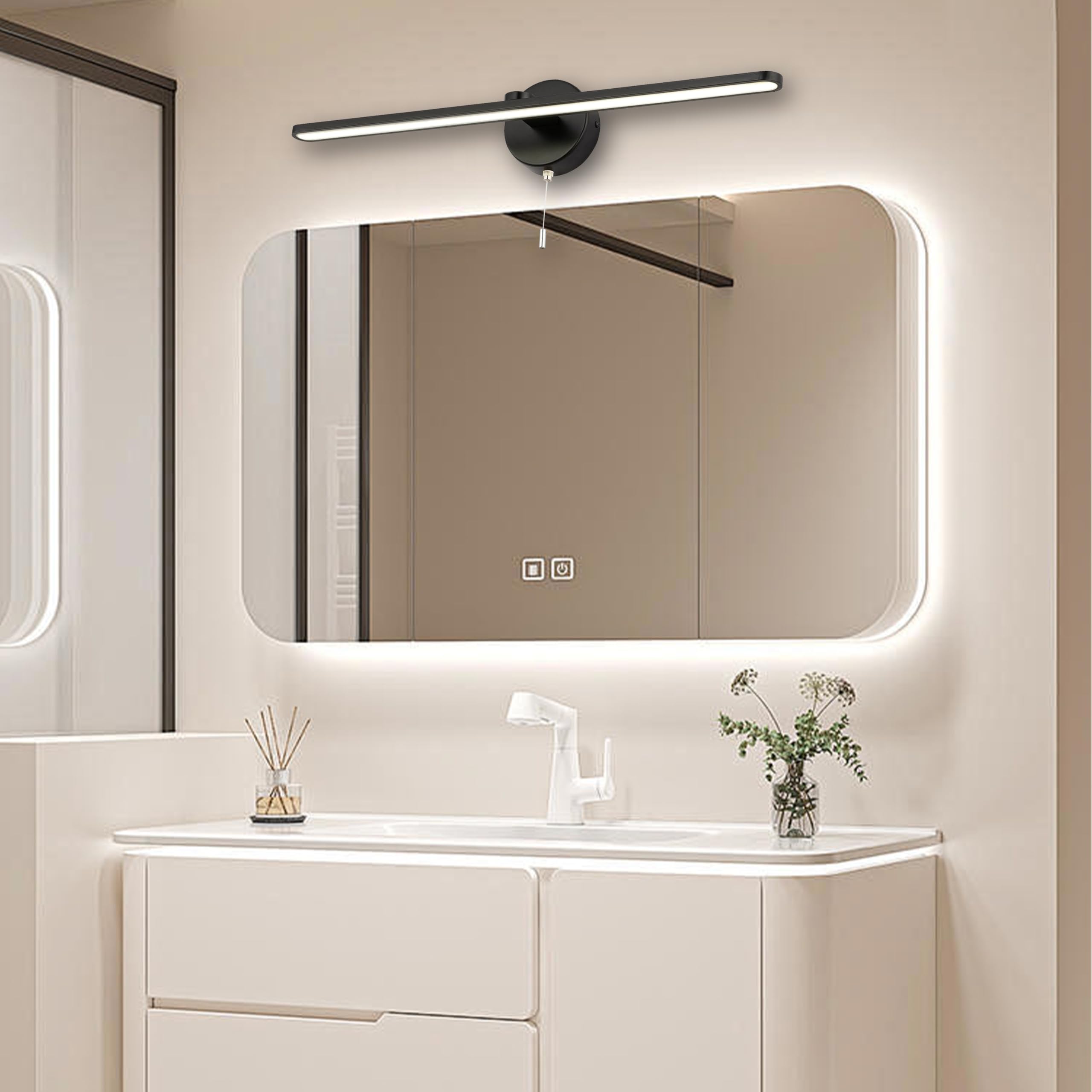 Popity home 24 Inch LED Vanity Light Bar, Modern Black Bathroom Vanity Light Fixture?Over Mirror sconces Wall Lighting, Wall Light Bar with 3000K/4000K/5000K Dimmable Pull Chain Switch On/Off