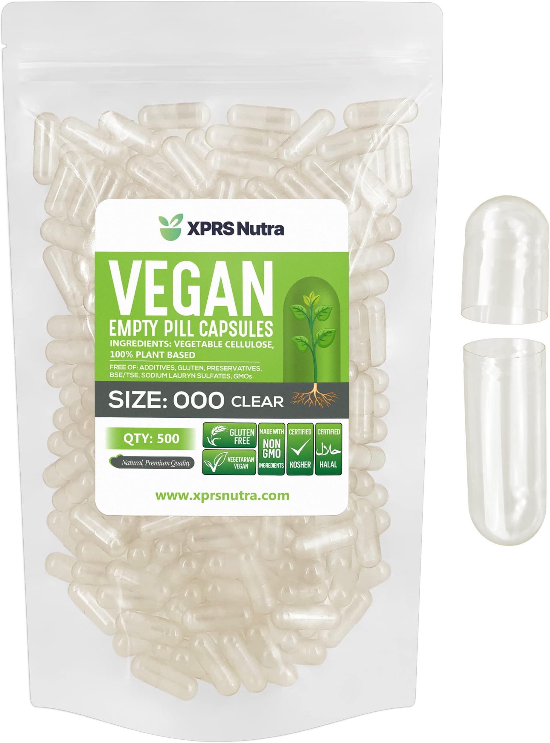 Vegan Size 000 Empty Capsules - 500 Count Clear Empty Vegan Vegetarian Empty Pill Capsules - DIY Vegetable Capsule Filling - Veggie Caps Pills