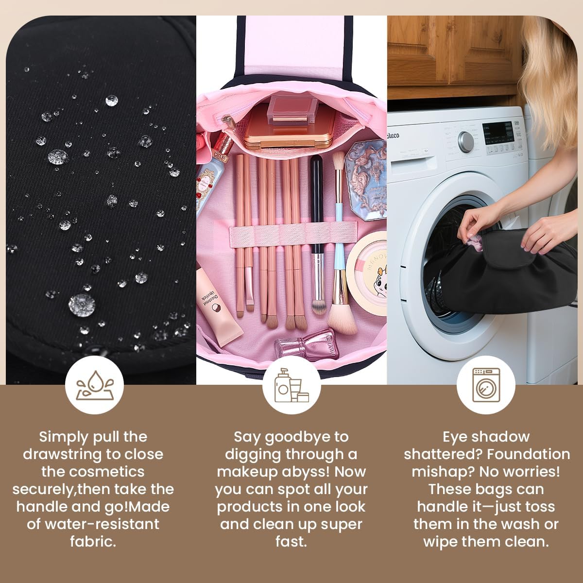 Lay Flat Drawstring Makeup Bag,Travel Cosmetic Organizer for Women,Large Capacity Toiletry Bag,Portable Open-Flat Design for Skincare and Makeup Brushes (Pink) - Image 5