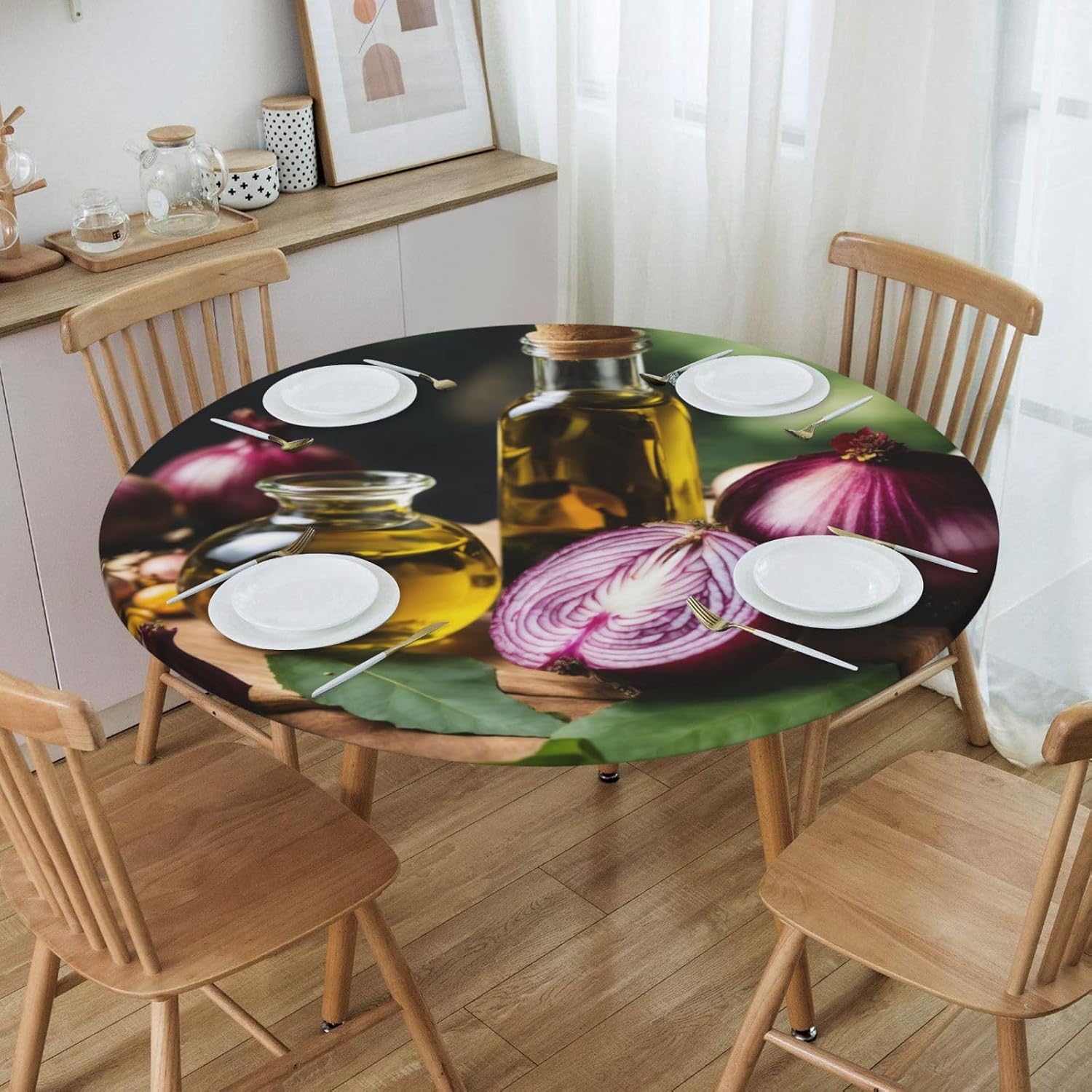 Vegetable Fruit Print Outdoor Patio Kitchen Decor Supplies Wipeable Round Table Cloth for Indoor Outdoor