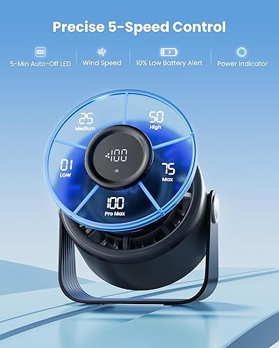 Miniatura 7 de Gaiatop Ventilador de escritorio pequeño recargable, ventilador personal de 5 pulgadas, batería de 4000 mAh, pantalla LED de control táctil