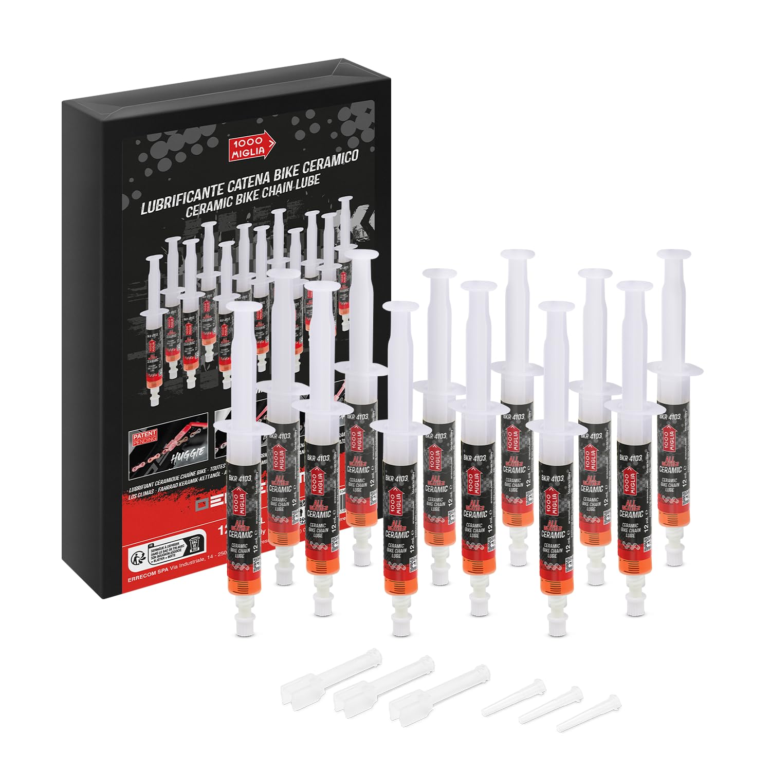 Errecom BKR 4103 ALL WEATHER CERAMICO Lubrificante Catena Bici per ogni Condizione del tracciato - 144 ml (12x12 ml), Siringhe con applicatori Drop e Huggie System, formula fluorescente profumata
