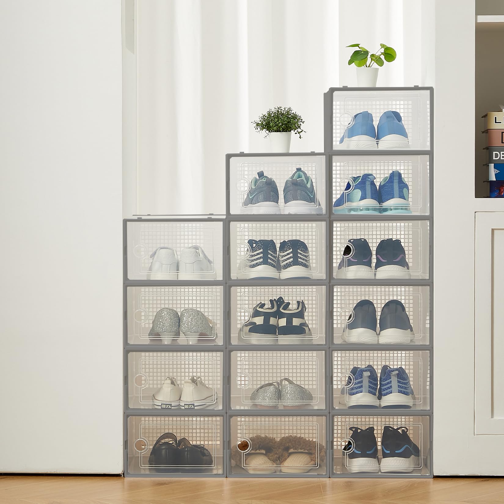 Aptliton Shoe Boxes, Pack of 15 Shoe Storage Organizers, Stackable Clear Plastic Shoe Containers for Closet & Entryway, Sneakers & Daily Footwear, 13.2 x 9.25 x 5.71 Inches, Grey