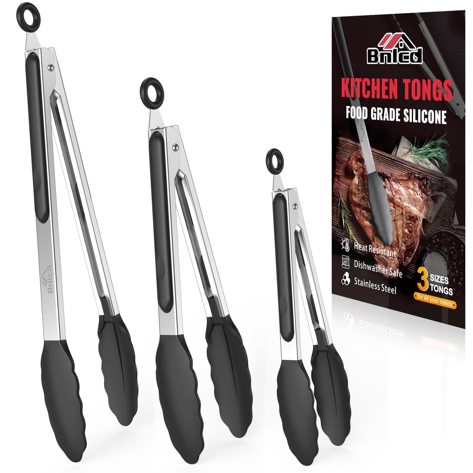 600ºF Heat Resistant Kitchen Tongs, Premium Locking Cooking Tongs with Silicone Tips, Non-Slip Food Tongs for Cooking, Non-Stick, Heavy Duty Stainless Steel Handle, Set of 3-7" 9" and 12" Black