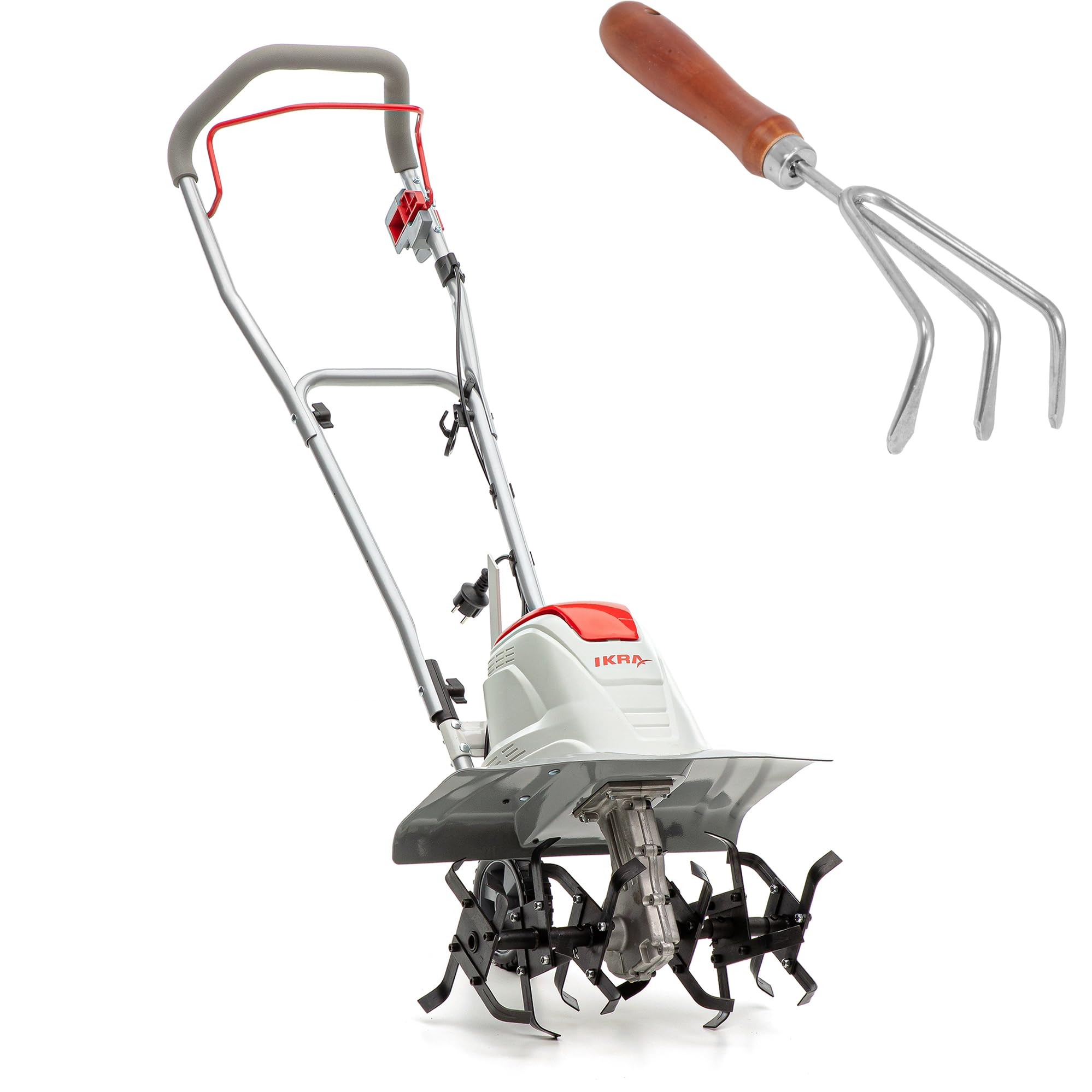 IKRA motozappa FEM 1500, larghezze 17, 30 e 45 cm, zappetta inclusa | Zappatrice elettrica, 1500 W, profondità 23 cm, sperone frenante, ruota di trasporto, pieghevole, protezione da sovraccarico