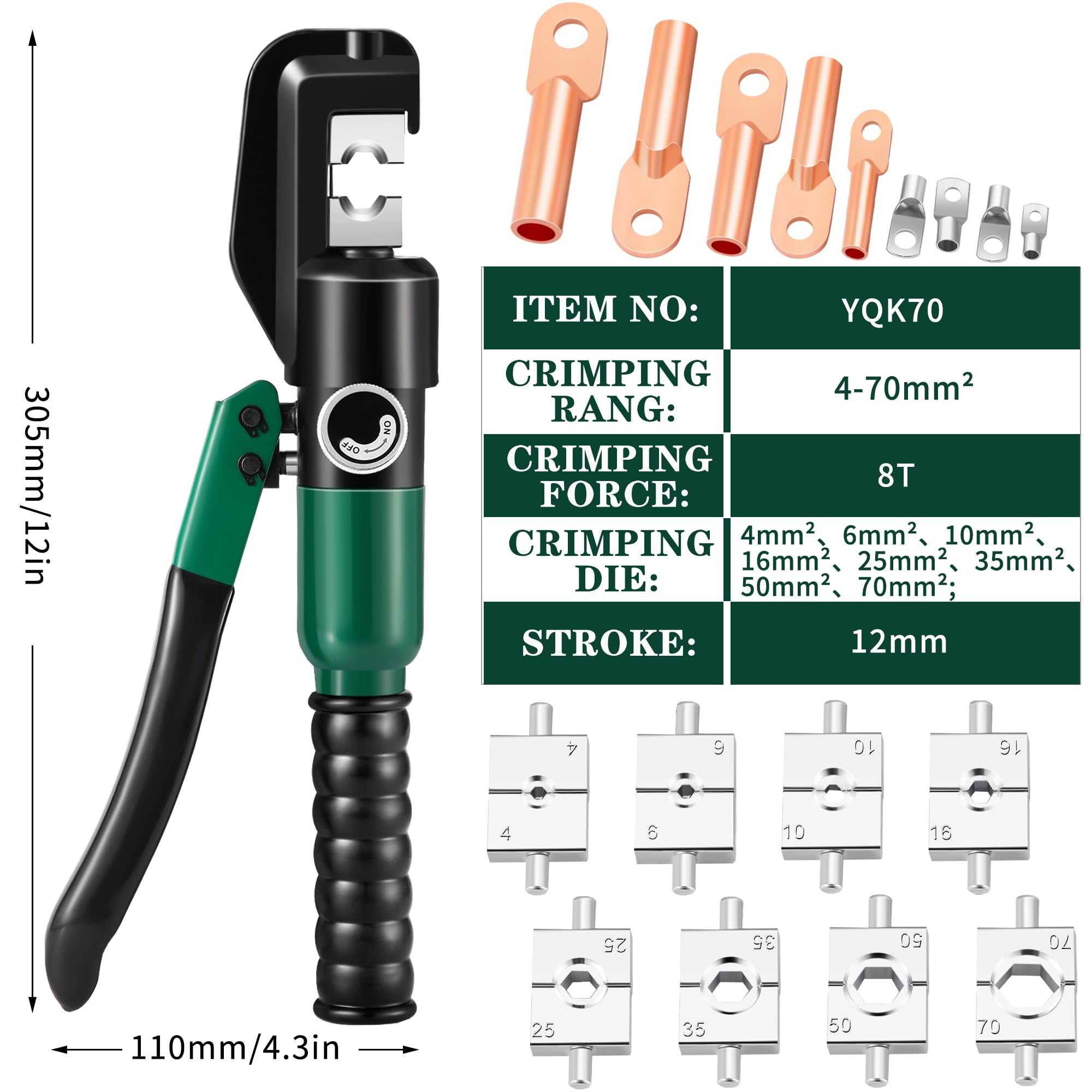 Hydrauliczne Zaciskarki do Kabli 6-70 mm², Zestaw Narzędzi do Zaciskania Przewodów Elektrycznych z 8 Matrycami (4-70 mm²)