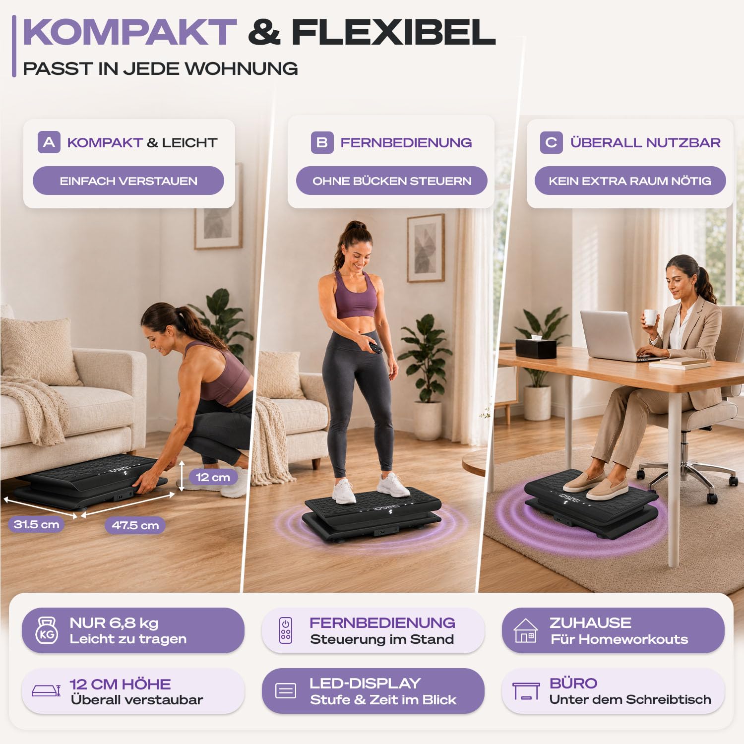 Sportstech Vibrationsplatte für Zuhause | Abnehmen, Fettverbrennung & Muskelaufbau | Oszillation, 99 Intensitätsstufen, Bluetooth-Fernbedienung | leiser Motor bis 120 kg | Trainingsbänder | sVibe Lite