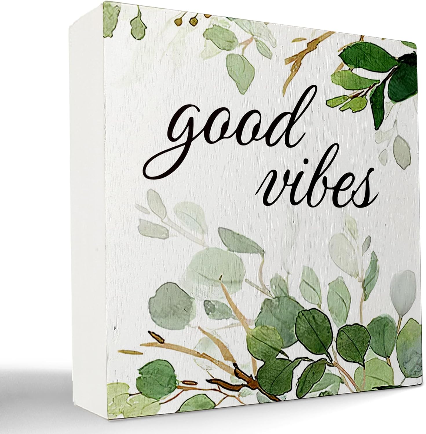 Kunlisa Good Vibes Bathroom Signs – Wooden Box Signs with Eucalyptus Leaves Design for Bathroom or Desk Decor