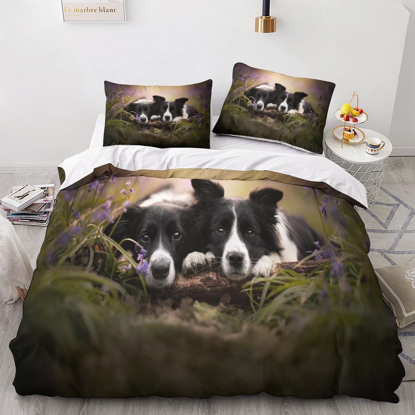 GEEYOU Border Collie Breathable Bedding Set Hidden Zipper Pet Dog Duvet Cover Set with Pillowcases Quilt Cover Set Soft Microfiber Comforter Cover for Various Sizes Beds Double（200x200cm）