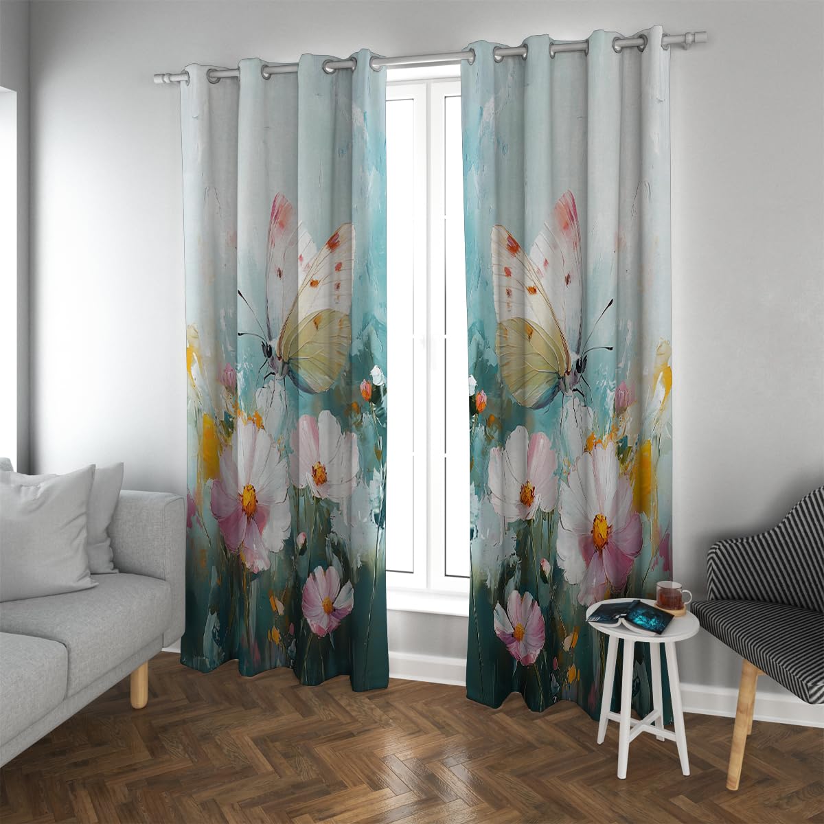 Aquarell Schmetterlingsblume Verdunkelungsvorhänge Natur Ölgemälde Stil Fenstervorhänge Wärmeisolierter Raum Verdunkelnde Ösenvorhänge 2 Vorhänge (je W140xL260cm)