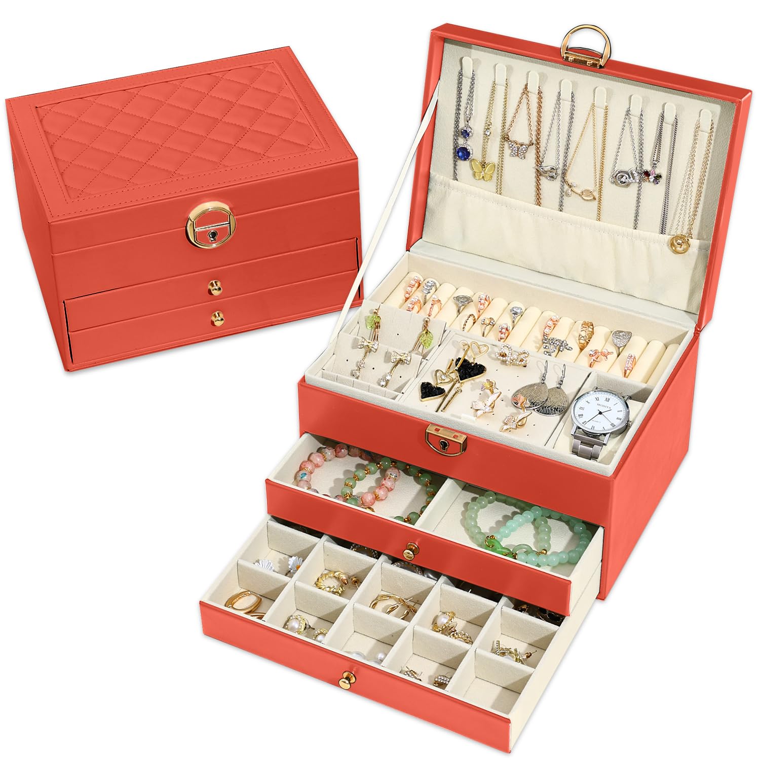 Granbest 3 Schichten Schmuckkästchen mit 2 Schubladen, Elegante Schmuckkasten, Leder Schmuckbox Ideal für Halsketten, Armbänder, Ringe und Ohrringe