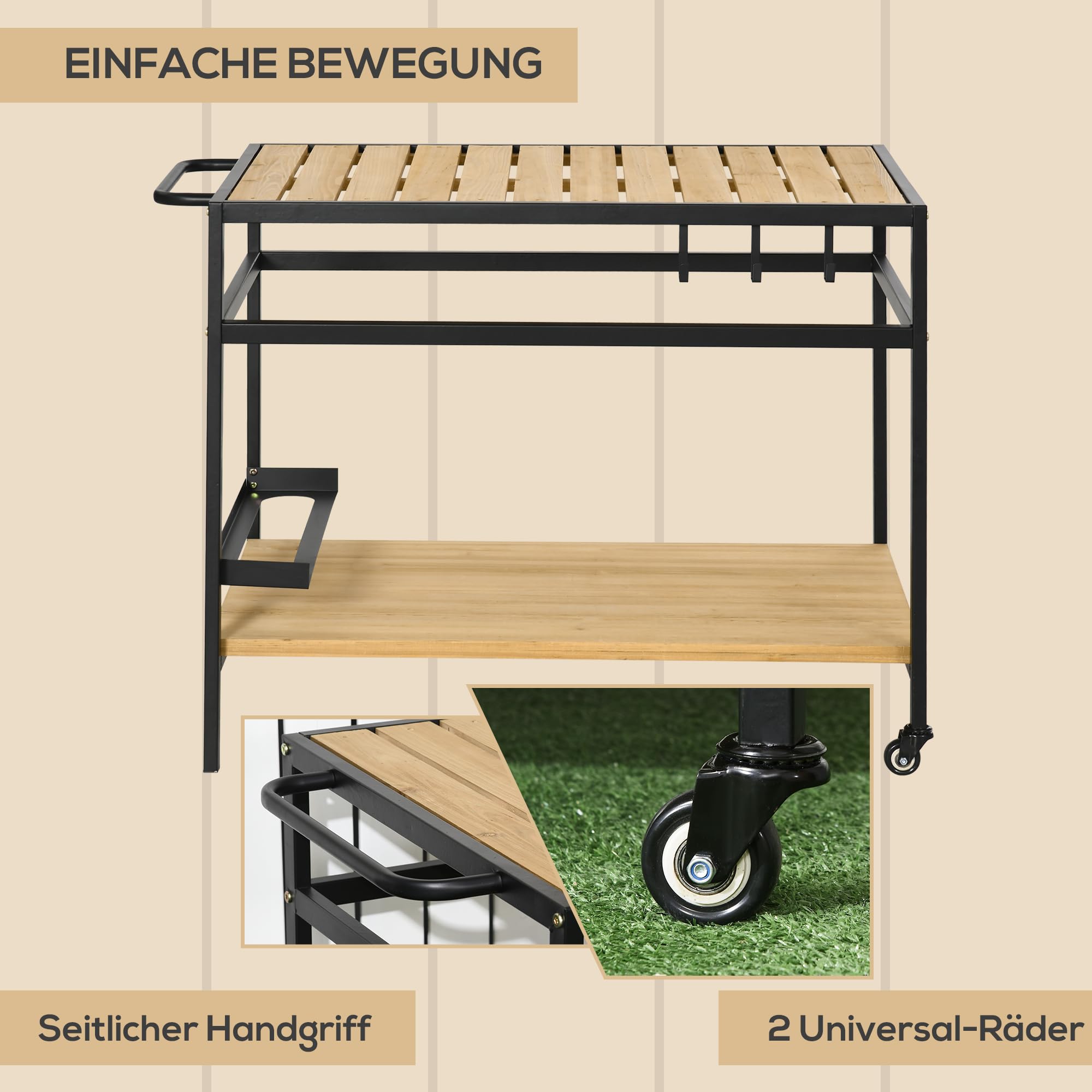 Outsunny Servierwagen, Gartenrollwagen mit Haken, Barbecue Trolley mit 2 Regalen, Outdoor Multifunktionstisch mit Rollen, für Garten, Balkon, 107 x 65 x 80cm, Natur