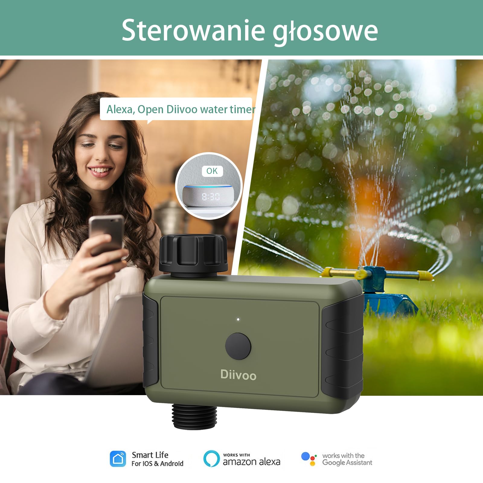 Diivoo sterowany przez aplikację, sterowany czasem i częstotliwością, do automatycznego nawadniania ogrodów i trawników na świeżym powietrzu
