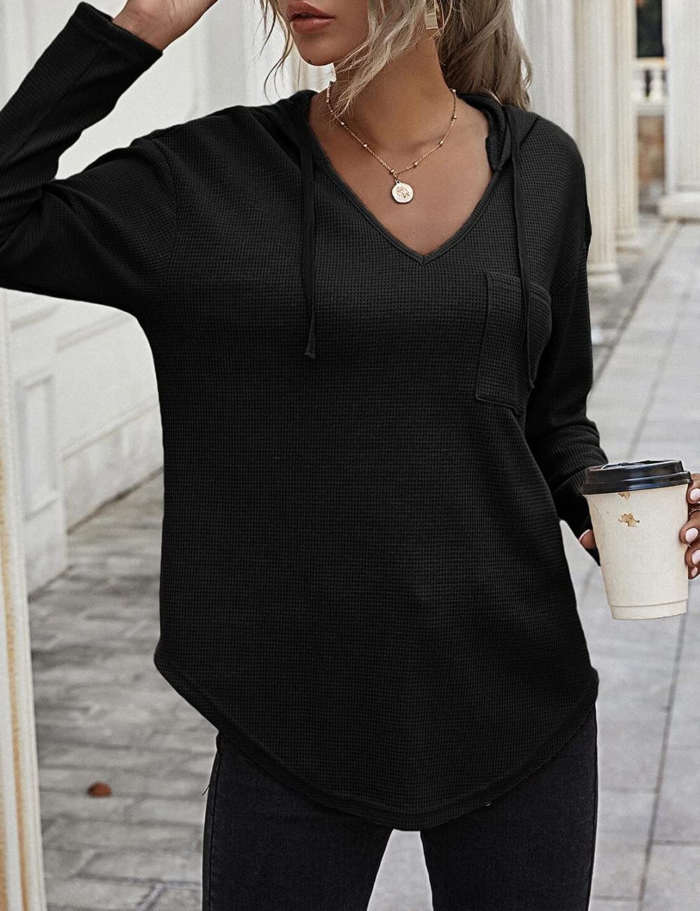 Cuptacc Felpa Donna con Cappuccio 2024 Maglione Scollo A V Autunno Maglia Manica Lunga Camicia Elegante