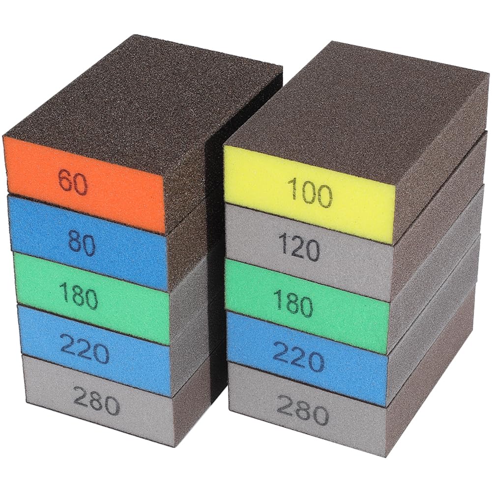 SOFPLATE 10Pcs 60 to 280 Grit Sandpaper Set Polishing Sanding Sponge 3.9 x 2.7 Inch Rectangle Colorful Soft Foam Hand Wet Dry Blocks Tools Pads Sheets for Model Drywall Metal Wood Furniture Polishing