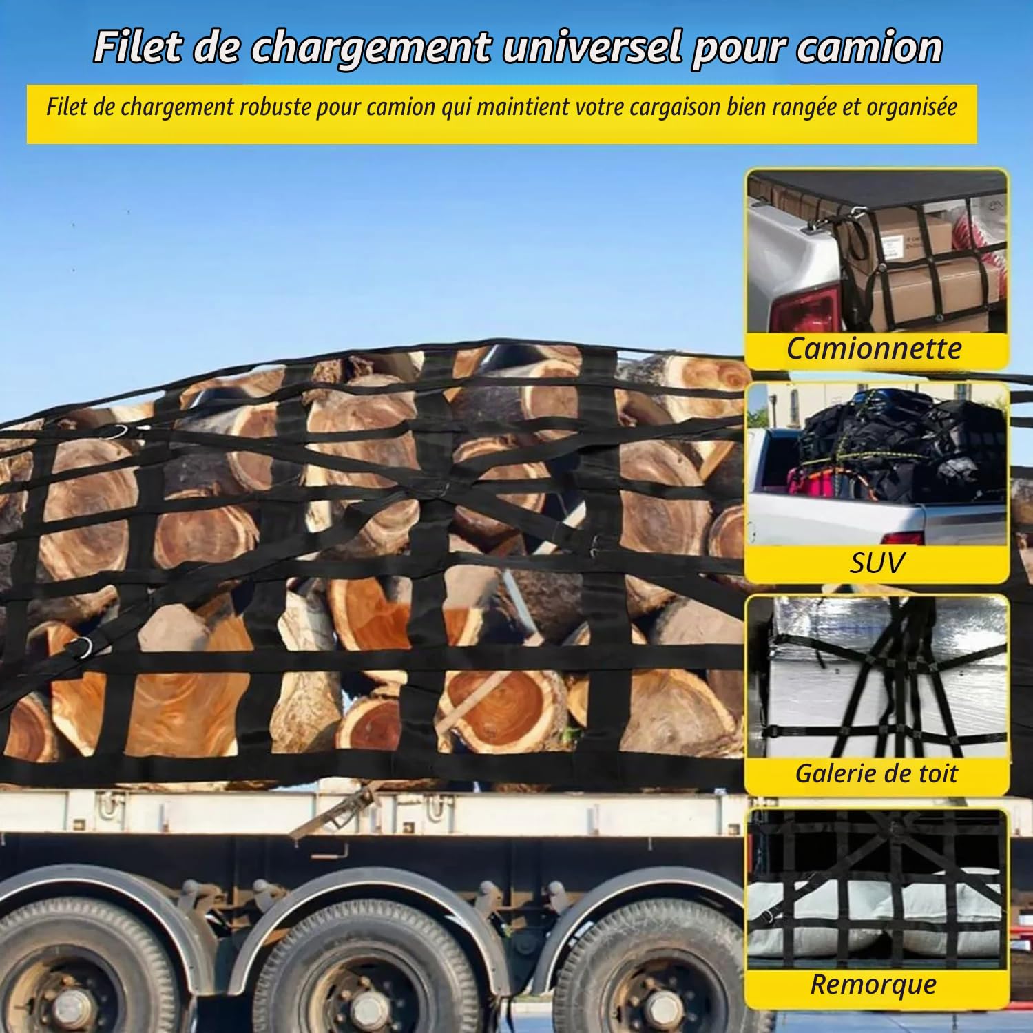 Filet à Bagages pour Pick-Up, Filet Remorque, Filet de Fret Réglable Filet de Chargement Organisateur pour Hayon, Camion, Remorque, avec 4 Sangles Fixes, 167 Cm x 127 Cm
