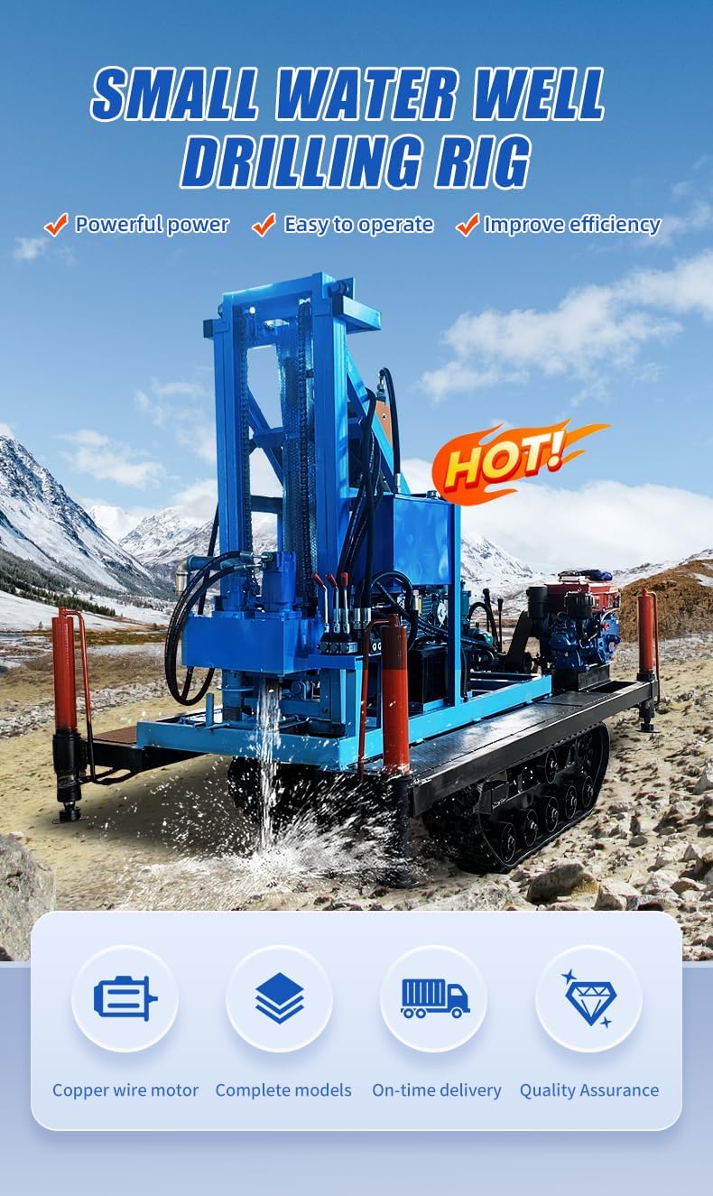 High-Torque Hydraulic Water Well Drilling Rig, Compact Shallow & Deep Borehole Machine with Rolling Wheels,Rugged Drilling Equipment for Farm Irrigation,Off-Grid Home Water Supply & Remote Rural Areas