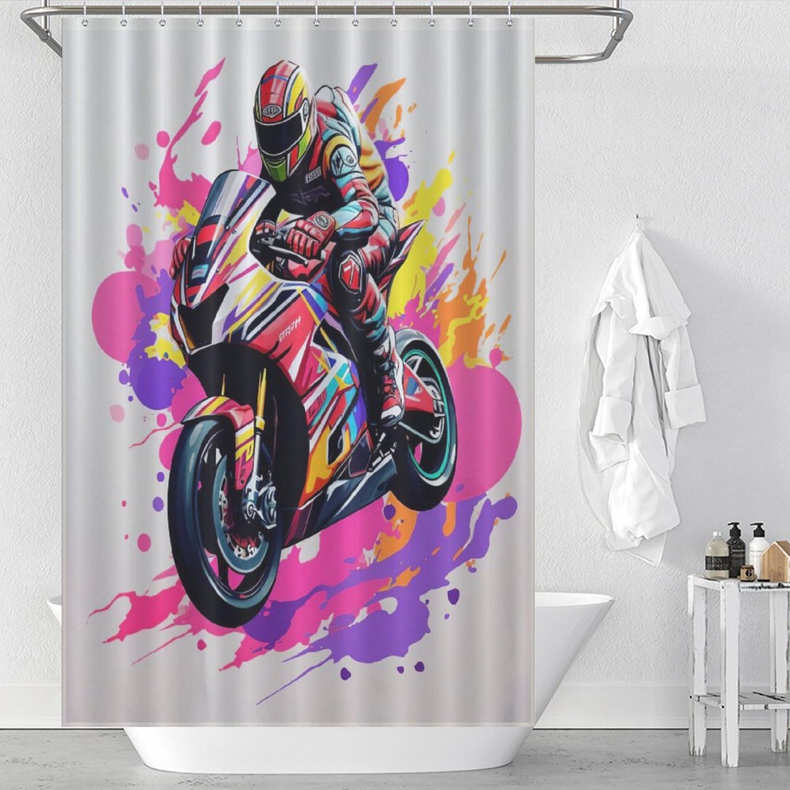 Rideau de douche moto 122x183 cm en tissu lavable imperméable