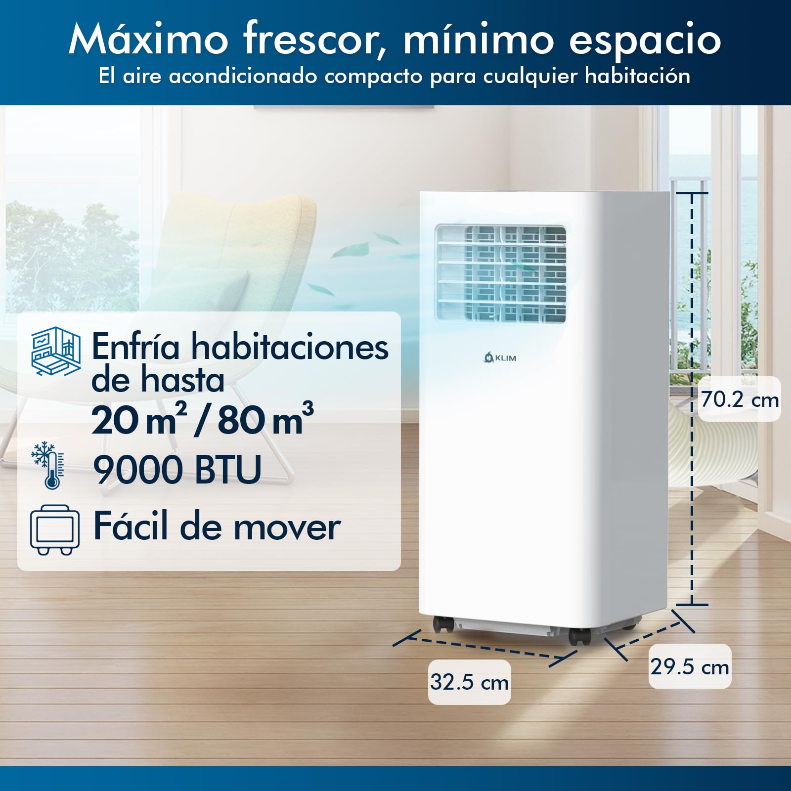 KLIM K9000 - Aire acondicionado portátil 3 en 1 - Nuevo - Con función deshumidificador, ventilador y modo refrigeración - Mando a distancia - AC portátil de 9000 BTU