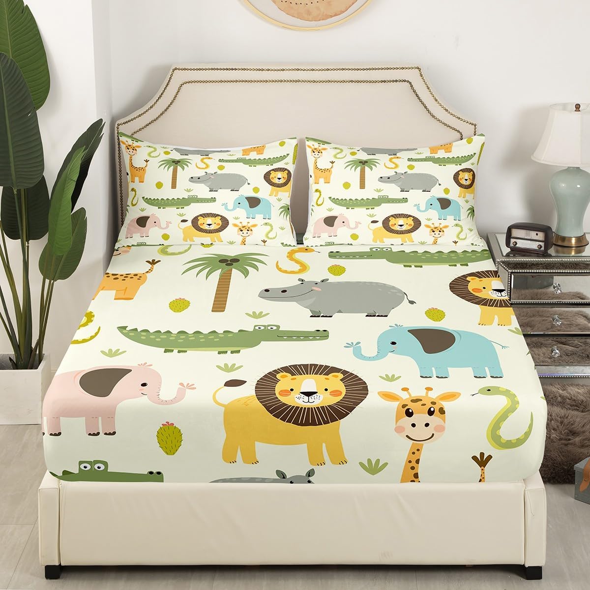 Nursery Cute Wild Animals Fitted Sheet for Girls Boys Child Kids Cartoon Lion Giraffe Crocodile Bedding Set Decor Nature Wildlife Fitted Sheet & Pillow Sham Set Zoo Animal Theme Bed Cover Queen Size…