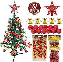 Árvore De Natal 60cm Decorada Com 51 Enfeites Inclusos Pinheiro Verde Cheia Compacto Mesa Estante Kit Completo (Vermelho)