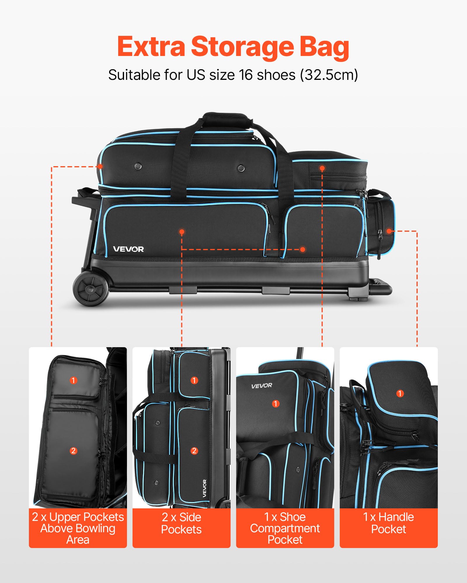 VEVOR Bolsa para 3 Bolas con Ruedas Dobles, Compartimento Separado para Zapatos hasta Talla 16 de EE. UU. y Bolsillo Extragrande para Accesorios. Asa Retráctil hasta 105 cm, 790 x 320 x 390 mm