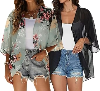 olrain 2 Pieces Floral Print Kimono Cardigan Sheer Chiffon Cover Up 3/4 Sleeve Open Front Beach Jacket for Women 2026