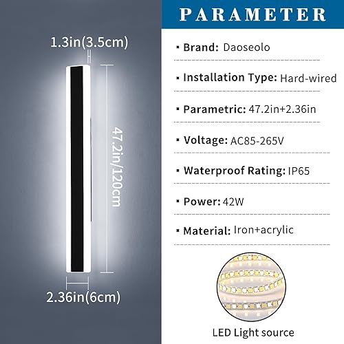 Vista 97 de Apliques de pared para exteriores de 47 pulgadas, regulables de 3000 K-6000 K, luces de pared larga para exteriores, IP65 impermeable, moderna