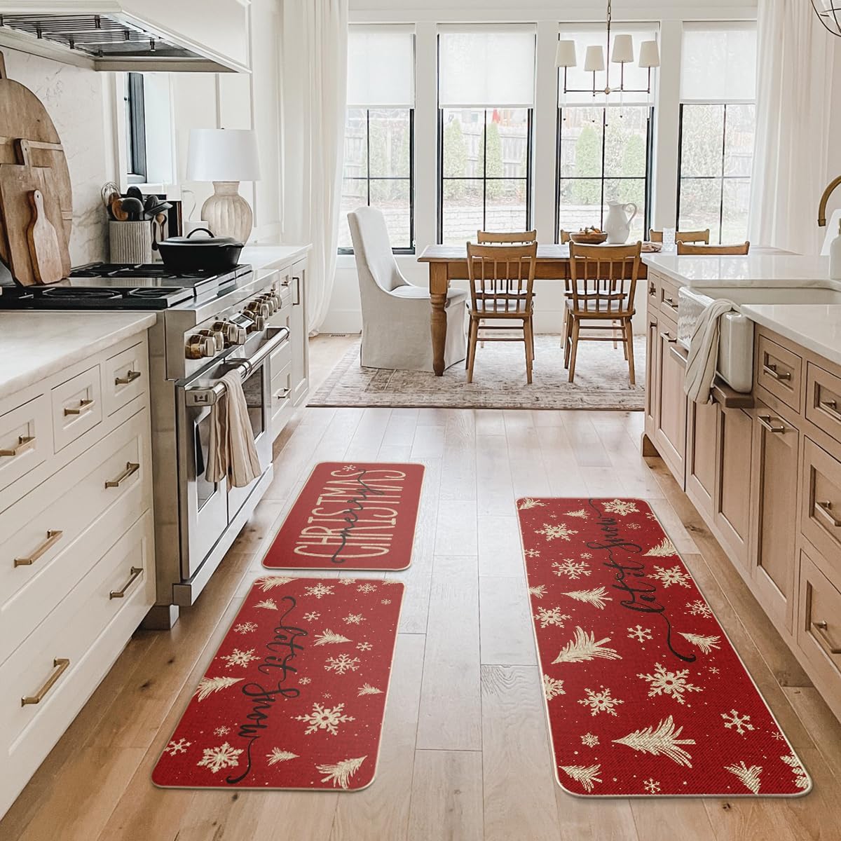 Artoid Mode Xmas Trees Snowflake Let It Snow Merry Christmas Kitchen Mats Set of 3, Winter Decor Low-Profile Kitchen Rugs - 17"x29"+17"x36"+17"x47"