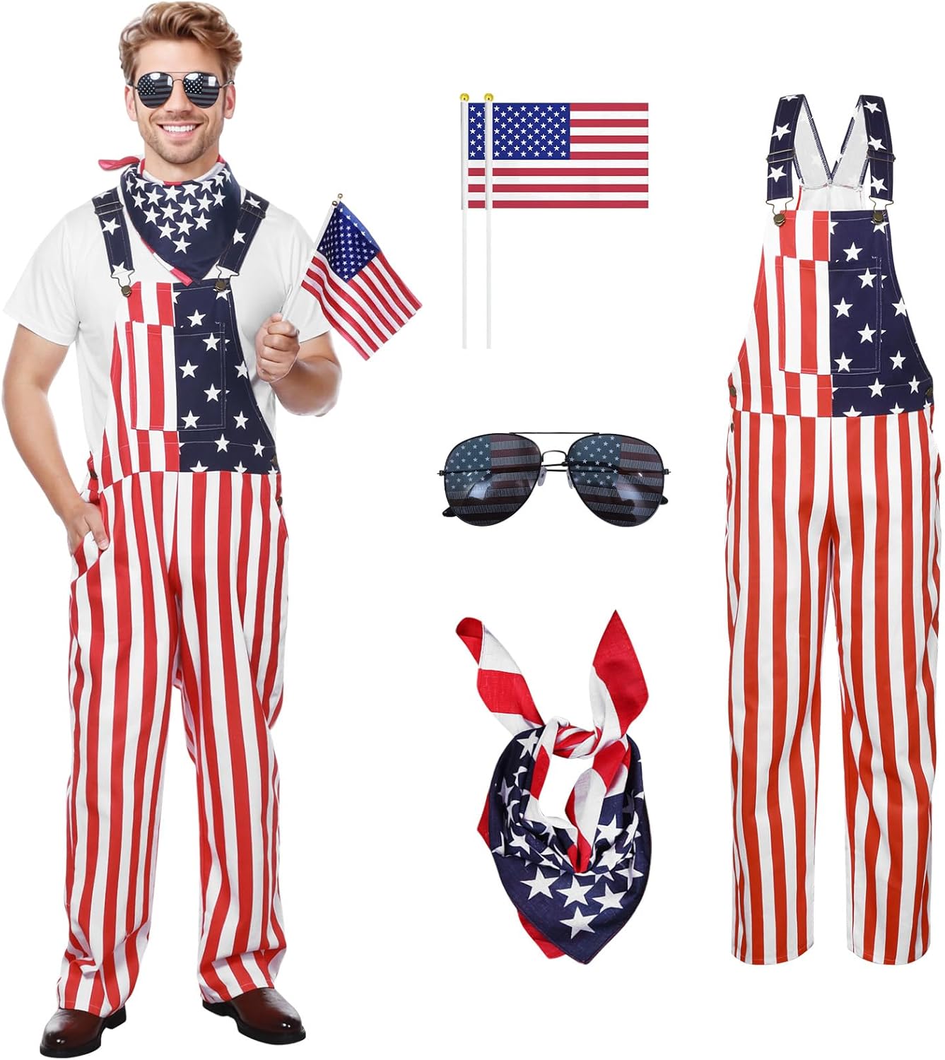 American Flag Overalls Men,Red White and Blue American Flag Shorts,4th of July Overalls for Men