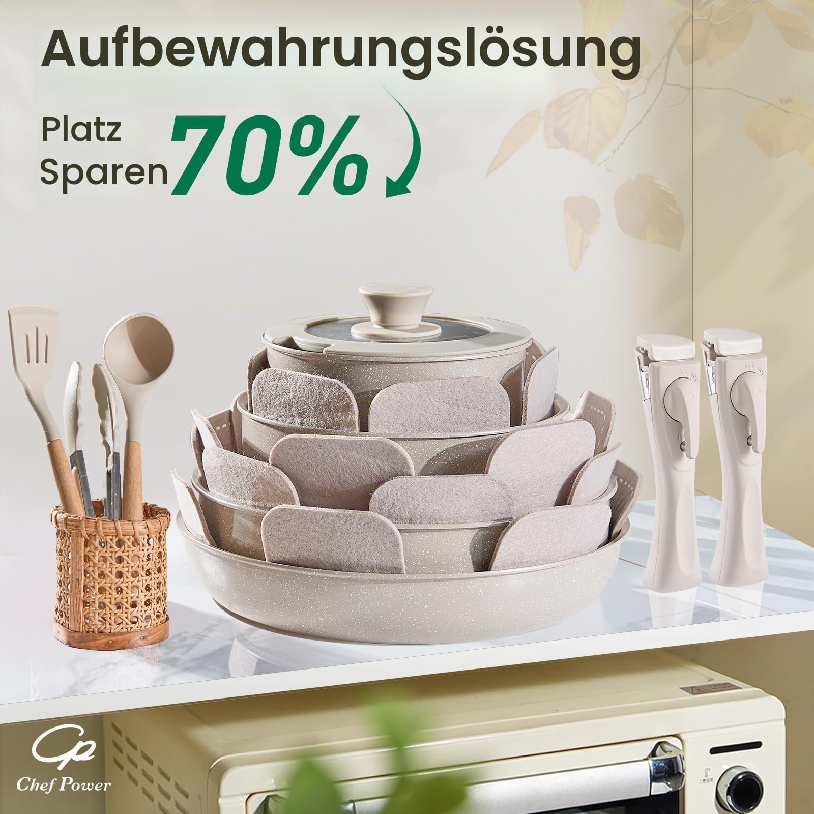 Chef Power Keramik-Kochgeschirr-Set, antihaftbeschichtet, mit abnehmbarem Griff, Induktion, spülmaschinenfest, ofenfest, Wohnmobil-Küchenset, abnehmbarer Griff, Mocca-Taupe, 19-teilig